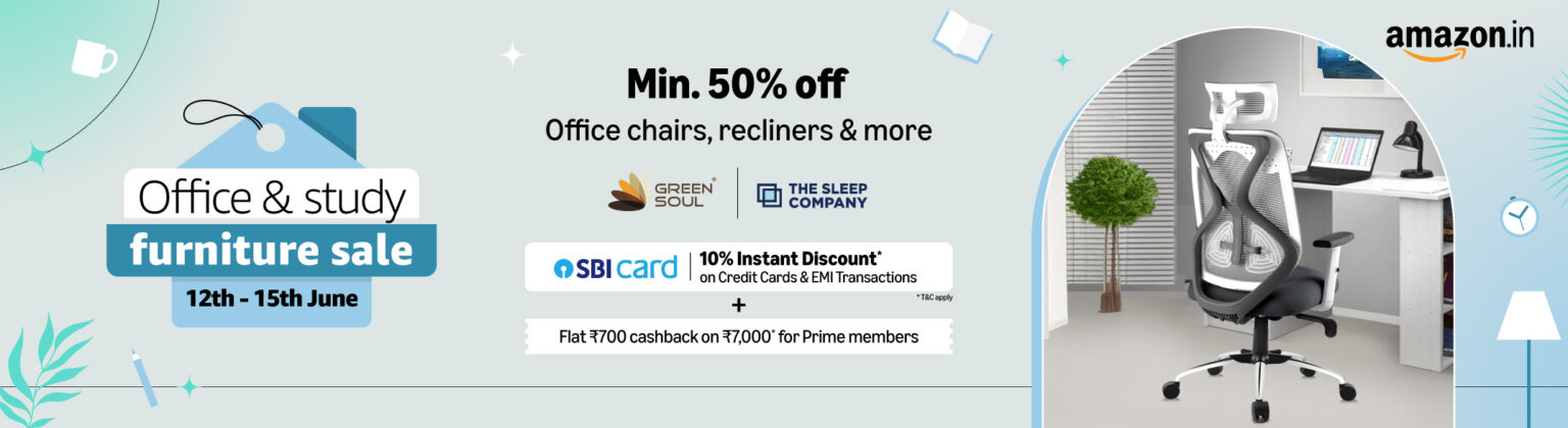 Promotional image for Amazon's office study furniture sale, showcasing a selection of desks and chairs.