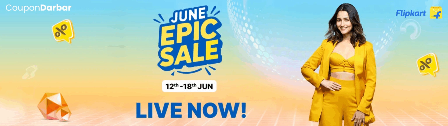 A woman in yellow stands before a yellow background, advertising the Flipkart June Epic Sale event.