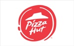 The Pizza Hut logo with a distinctive red roof and stylized text in black and red.