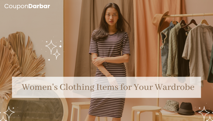 A collection of stylish women's clothing items, showcasing various wardrobe essentials for modern fashion.
