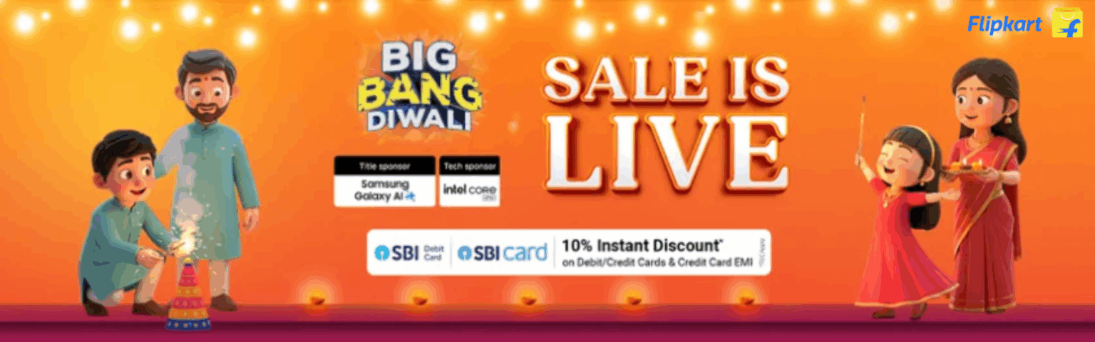 Big Bang Sale by flipkart banner announcing live promotions and discounts on various products.