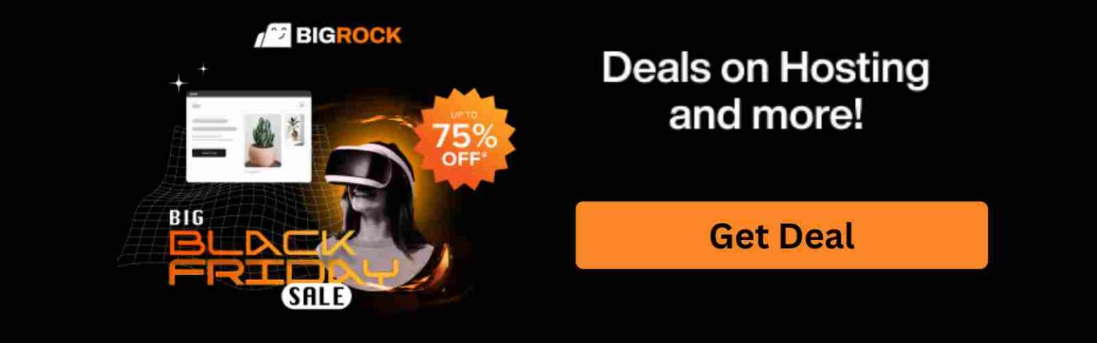 Black Friday deals on web hosting services and more, highlighted against a bold rock background.