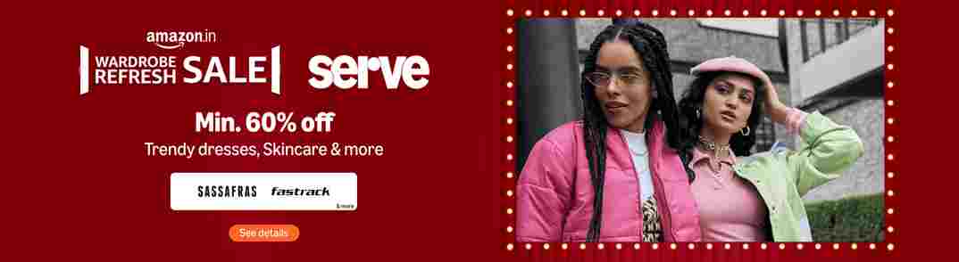 Two women stand together, with the word "serve" displayed on the screen, promoting an Amazon wardrobe sale.