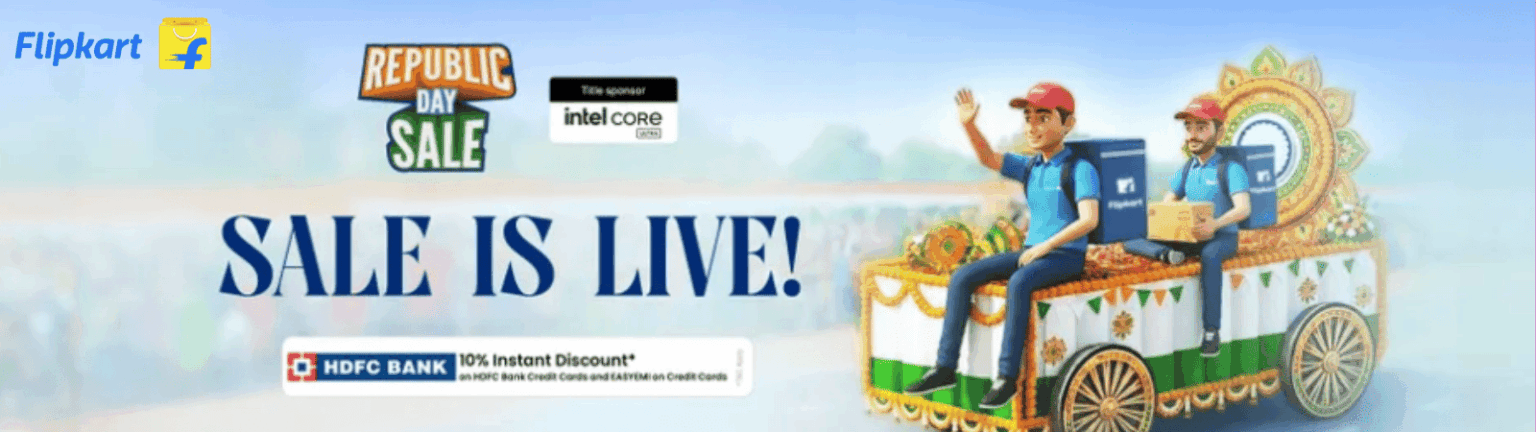 A man sitting in a car with a sign that reads "Sale is Live" for the Flipkart Republic Day Sale.