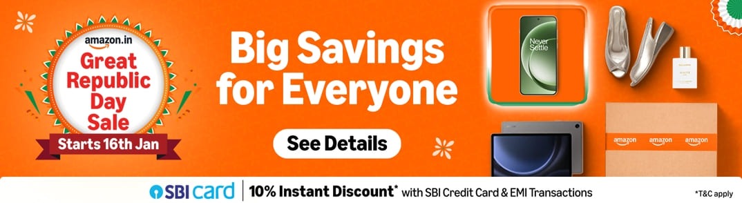 Amazon India Great Republic Day Sale banner with sale dates, "Big Savings for Everyone" text, various product images, and a 10% SBI Card discount offer at the bottom.