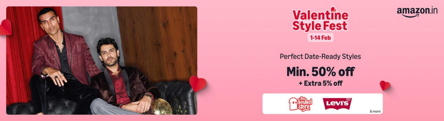 A vibrant Valentine's Day festival scene featuring decorations, gifts, and festive activities, showcasing Amazon's offerings.