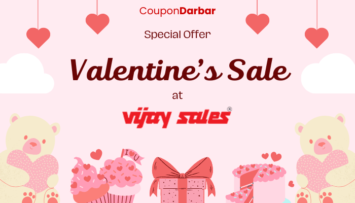 Valentine's sale banner at Vijay Sales featuring heart graphics and promotional text.