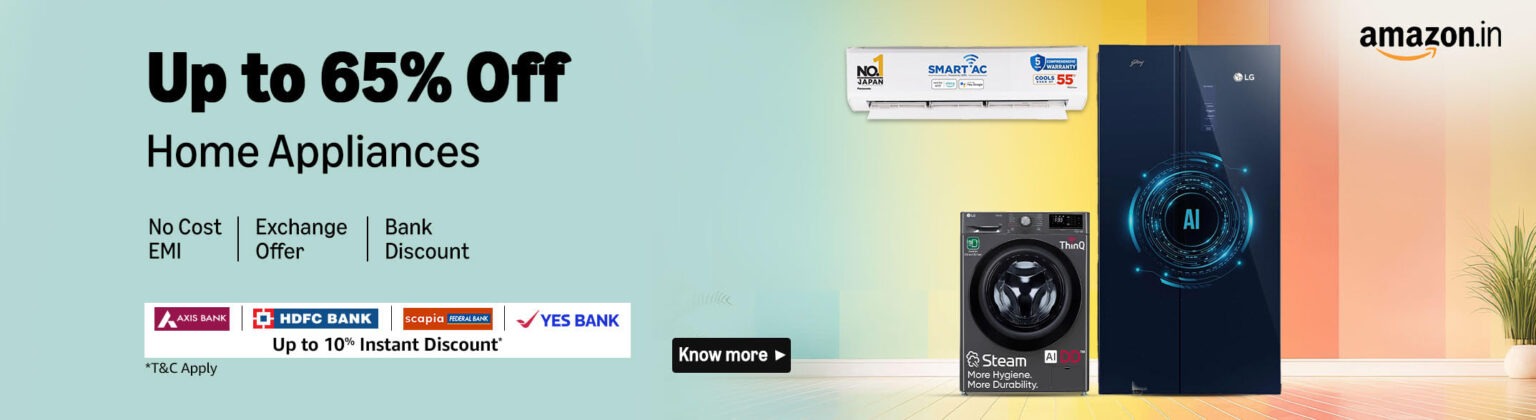 Up to 65% off on various home appliances, showcasing discounts on kitchen and household items.