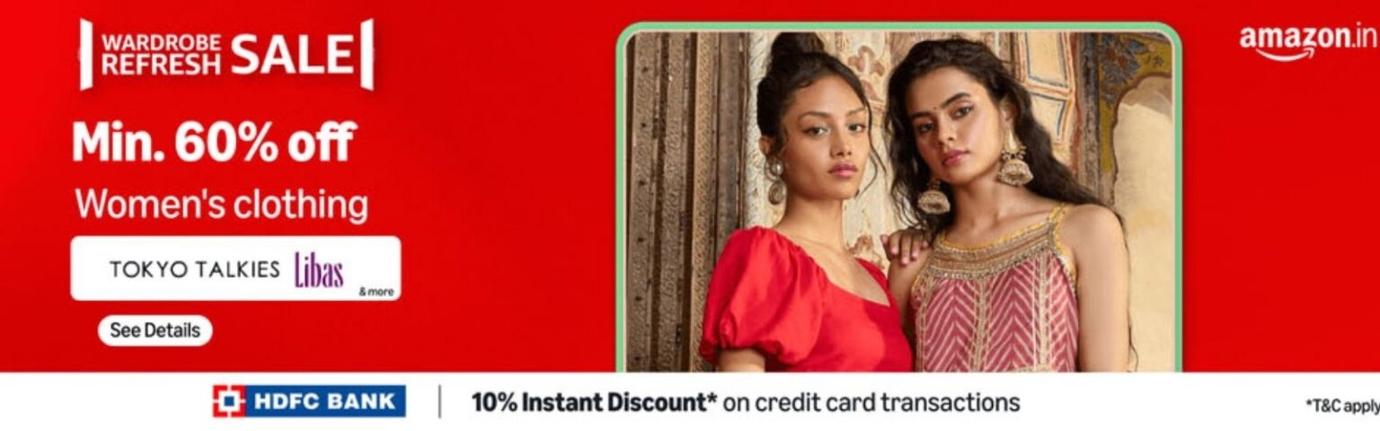 Two women stand in front of a red background featuring the text "Amazon Preferred Sale.