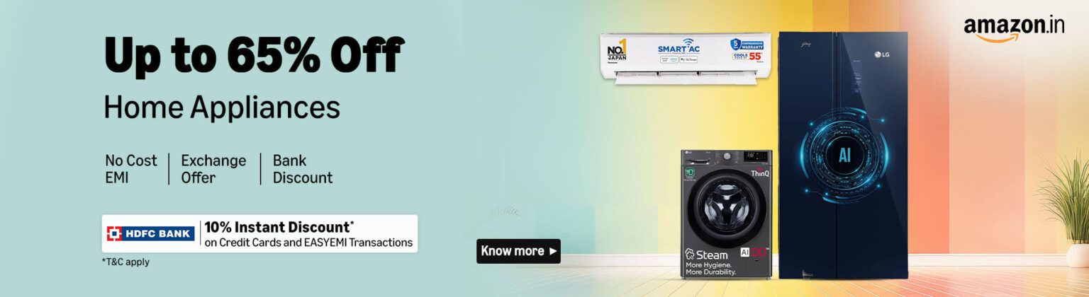 Promotional banner displaying "Up to 65% off" on various home appliances.