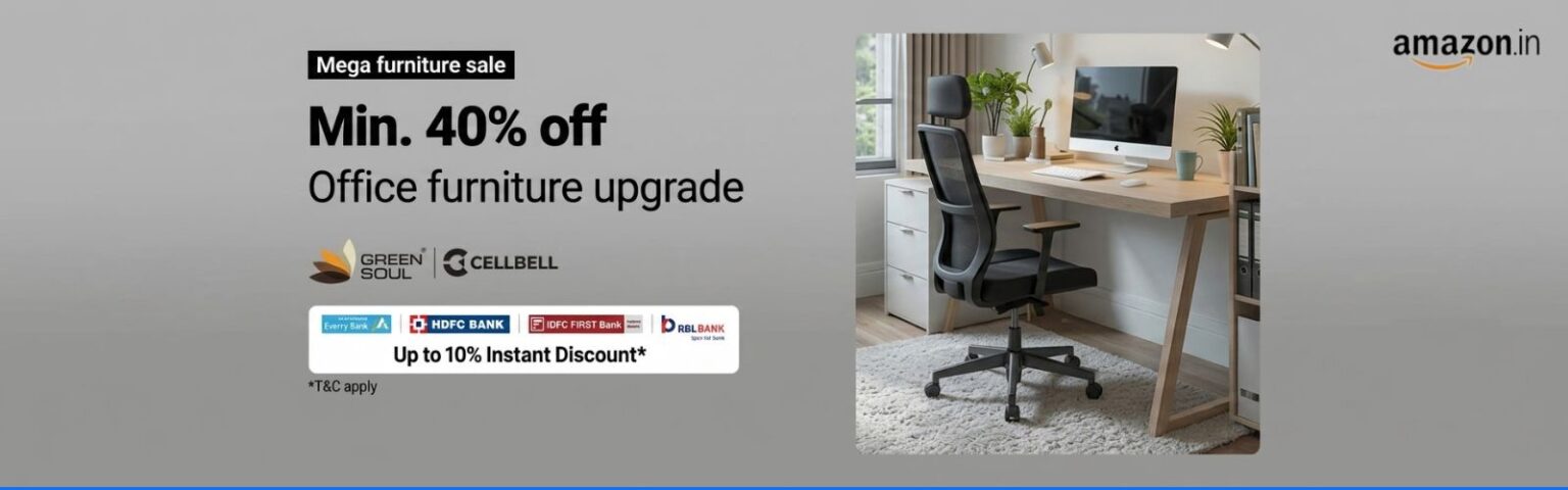 A modern computer desk with a chair and monitor, showcasing furniture available in the Amazon mega sale.