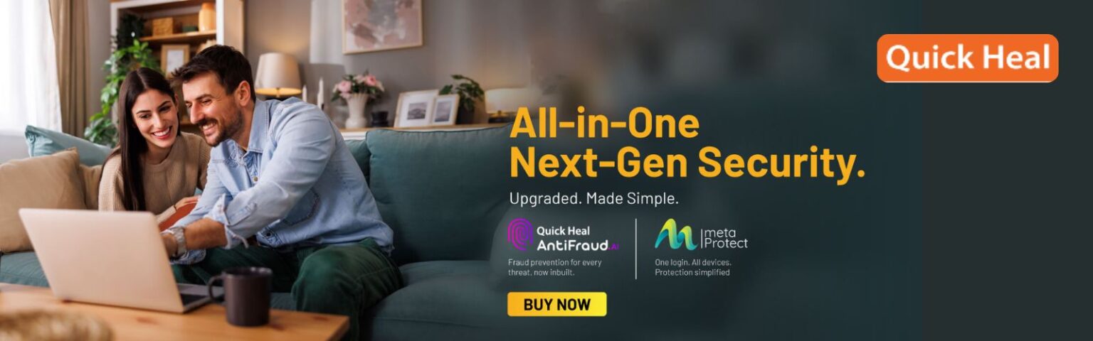 A man and woman sit on a couch, with the text "All in one next-gen security" displayed prominently.